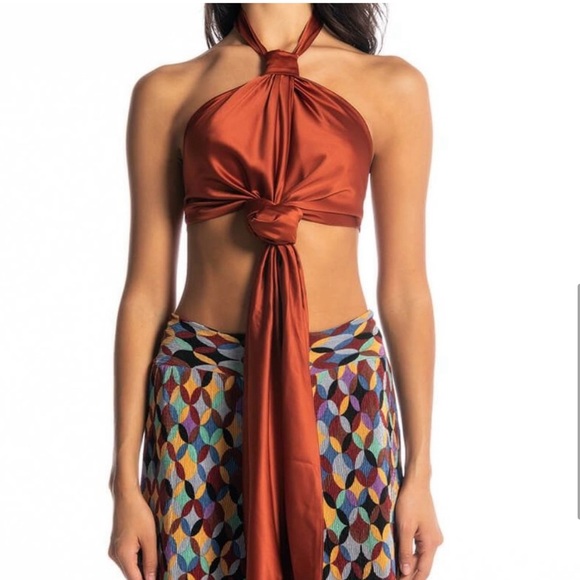 Upscale Shiny Satin Copper Tie Front Apron Halter Top - Picture 6 of 14